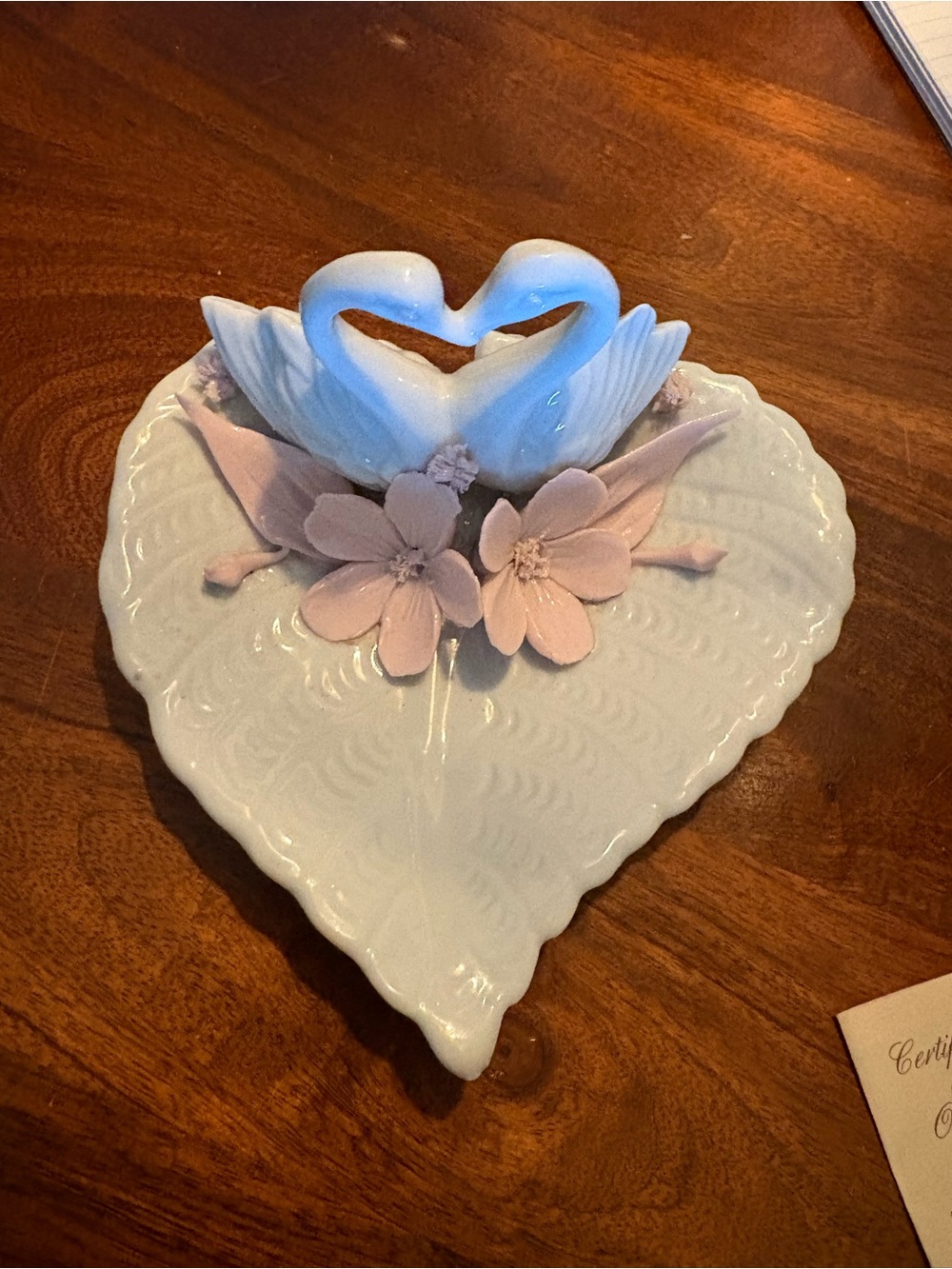 Decorative White Heart Dish with Pink Floral Swans